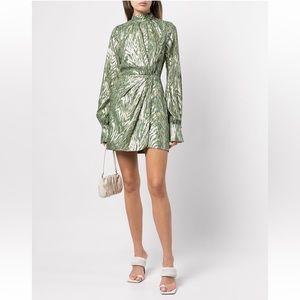SIMKHAI Halen Silk Moire Detail Ruched-Waist mini Dress Cocktail Green Metallic